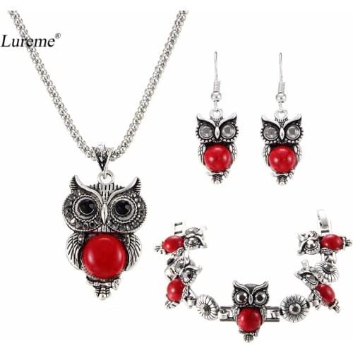 Lureme Vintage Animal Owl Necklace Pendant Dangle Earrings Bracelet Jewelry Set for Women Girls (js000705)