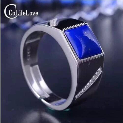 New Fashion Lapis Lazuli Ring for Man Natural 8mm*8mm Blue Lapis Lazuli Solid 925 Sterling Silver Man Ring