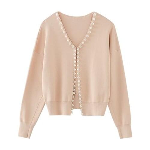2021 Spring Autumn New Womens Coat Fashion Casual V-Neck Pearl-Rimmed Pure Color Knitted Cardigan Long-Sleeved Jacket