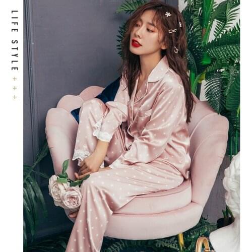 New Spring Pajamas Set Sexy Women Silky Satin Lace Trim Homewear Pijama Mujer Long Sleeve Casual Loungewear Female Sleepwear