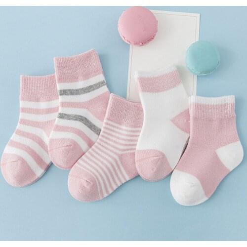 Autumn Pack of 5 Pairs for Boys Girls Toddlers Socks Children Organic Striped Cotton Cute Warm Baby Shoes Wear Blue and Pink