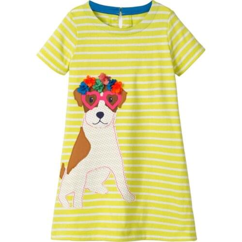 Jumping Meters Girls Dresses Yellow Dog Appliques Summer Princess Dress Brand Baby Girls Clothes Short Sleeve Tunic Dresses