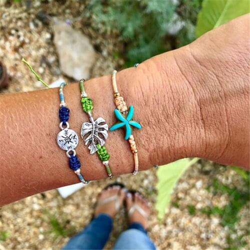 Simple new womens bracelet set decorations 3 leaf compass starfish braided bracelet set fashion jewelry wholesale
