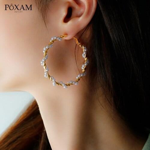 POXAM Pearl Hoop Earrings For Women Girls Unique Twisted Big Earrings Circle Earring Brincos Statement Lady 2019 Fashion Jewelry