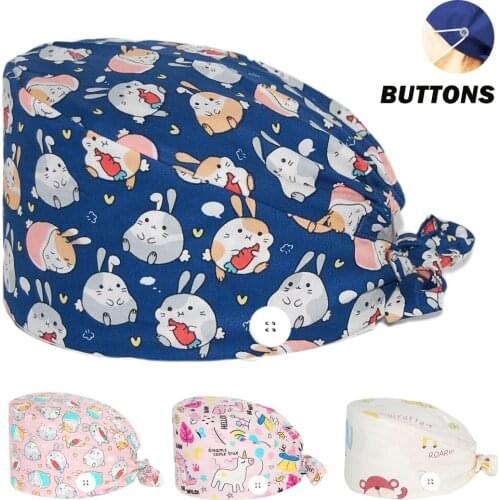 Scrubs Hats 100% Cotton Anime Printing Adjustable Nursing Hat Dentist Beauty Salon Pet Shop Working Accessories Women Scrub Caps