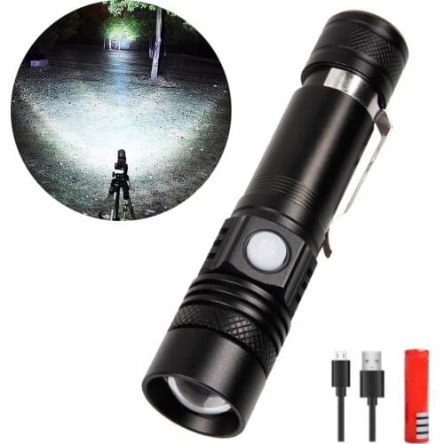 Super Bright T6 LED Flashlight USB Rechargeable Outdoor Zoom Torch 3 Modes Light Rechargeable Flashlight Built-in Battery