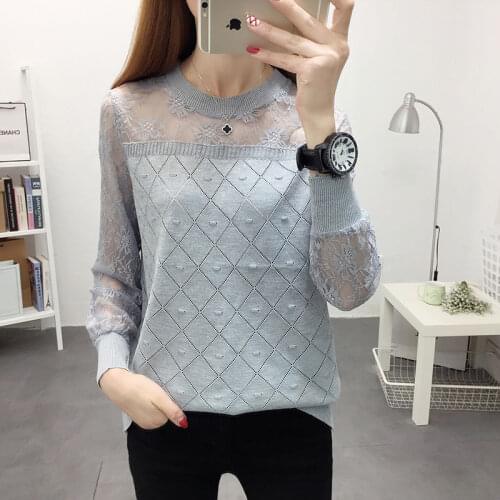 Large Size Women Lace Fght Knit Sweater Casual Long-sleeved Loose Round Neck Sweater Autumn Winter Wear Thin Bottoming Shirt Top