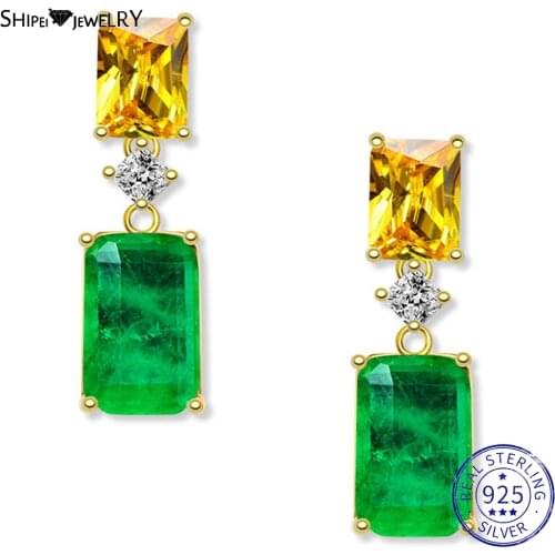 Shipei Natural Green Emerald Earrings Gold Fine Jewelry Stud Emerald Earrings 925 Sterling Silver Personalized Birthday Gift