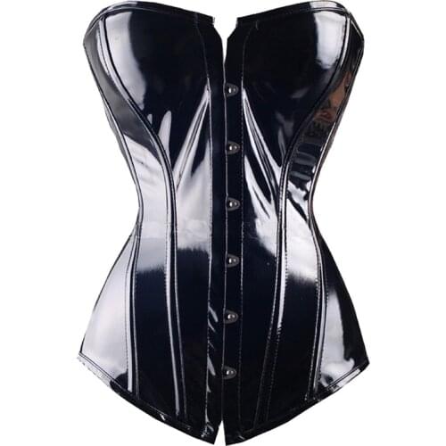 X New Black PVC Steampunk Lace up Back Sexy Body Bustier Overbust Corset Women Waist Trainer Corsets Plus Size S-XXL