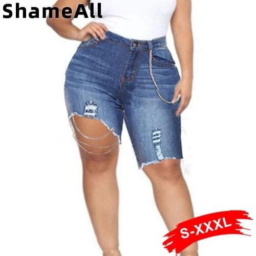 Plus Size Asymmetry Ripped Baggy Short Jeans Women Denim Shorts 3XL Summer High Waist Chain Patchwork Indie Aesthetic Hotpant