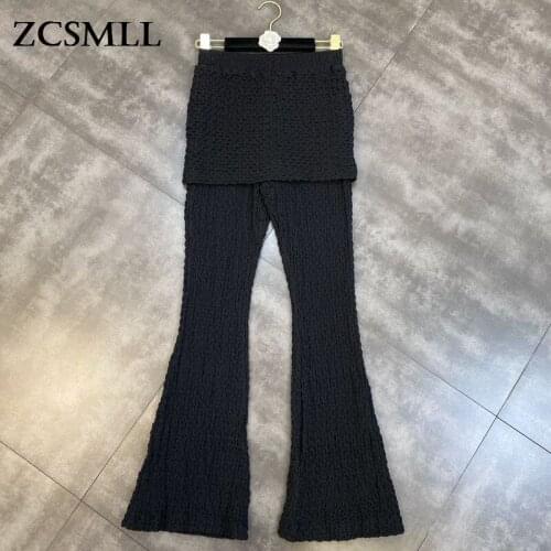 ZCSMLL Fall 2021 Wrinkled Elastic Waist Flared Trousers Streetwear Fashion Solid Color Trendy Long-leg Culottes Women Pants