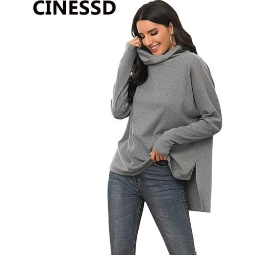 CINESSD Women Cashmere Tops Tee Shirts 2020 Gray Pile Collar Long Sleeve Loose Casual Autumn Winter Solid Pullover Plush Tshirts