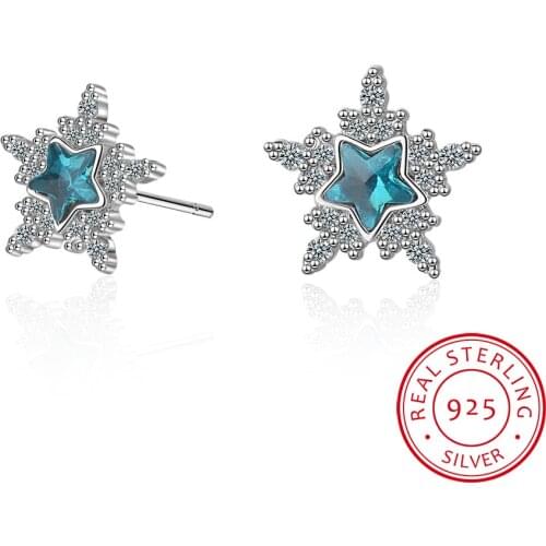 Sweet Blue Crystal Star Earrings For Women 925 Sterling Silver Zirconia Snowflake Earrings S-E850