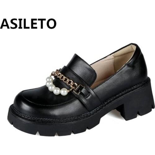ASILETO Women Pumps PU Leather Fashion Spring High platform Thick Heel Shoes Woman Retro Office Lady Footwear Spring Autumn
