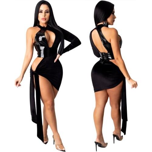 Sexy PU Leather Patchwork Velvet Dress Women Side Strap Lace Up Bodycon Dress Fashion Night Party Cut Out Nightclub Clothes 2021