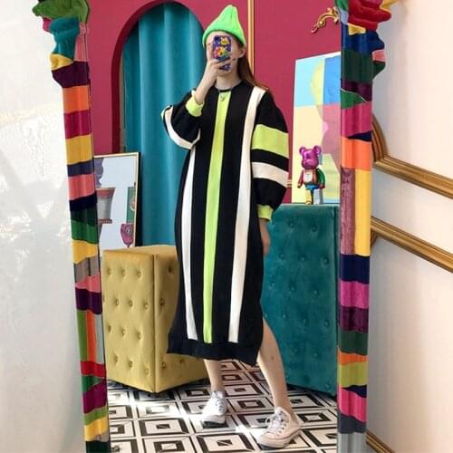 Korean Chic Autumn Winter Hit Color Striped High Street Dress Streetwear O Neck Puff Sleeve Thick Women Sweatshirts Dresses