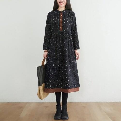 2021 New Arrival Patchwork Lace Long Sleeve Vintage Autumn Dress Cotton Linen Office Lady Work Dress Women Casual Spring Dress