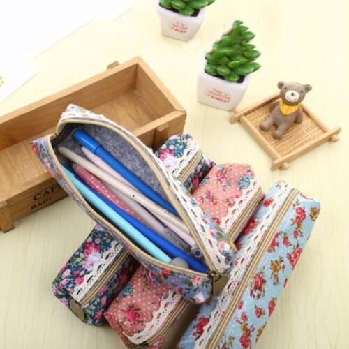 Fresh Canvas Retro Style Lace Fringe Little Flower Dot Multi-function Zipper Pencil Bag Student Gift Stationery Storage Bag 1PCS