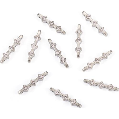 10pcs Alloy Rhinestone Bar Spacers, Nickel Free, Platinum, 28x6x5mm, Hole: 1mm