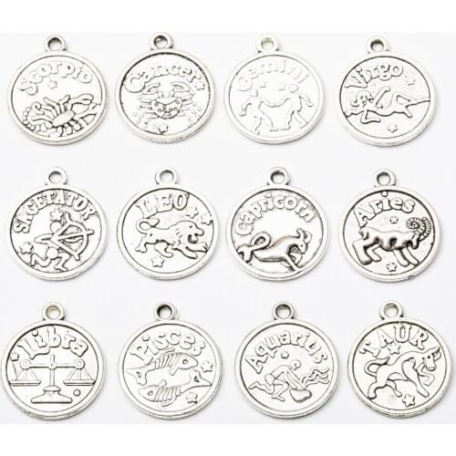12pcs/lot Constellation charms Antique silver color Metal alloy 12 Constellation Pendant Bracelet Key chain DIY handmade jewelry
