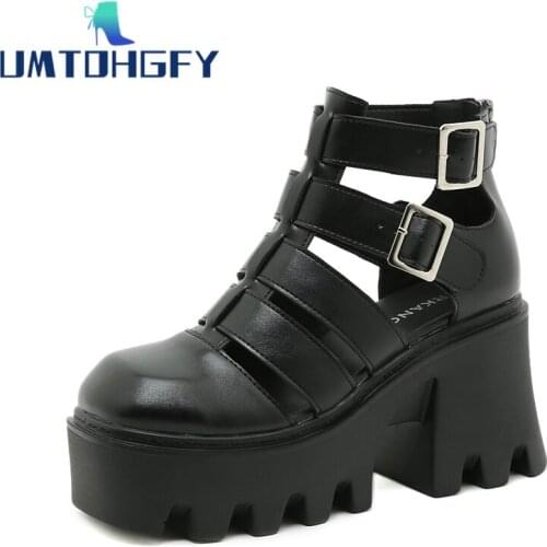 Black Leather Platform 8cm Buckle Zip Women Sandals Boots Summer Female Shoes Breathable Block Heel Punk Roman Party Lolita Girl