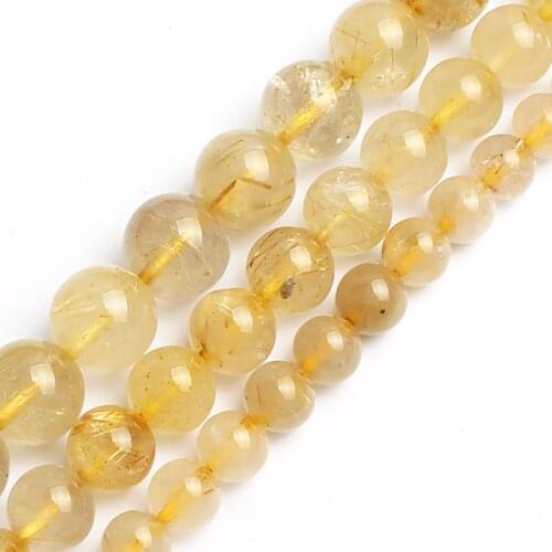 Natural Stone Beads Gold Rutilated Quartz Round Beads For Jewelry Making Bracelet 15inches 6/8/10mm Pick Size