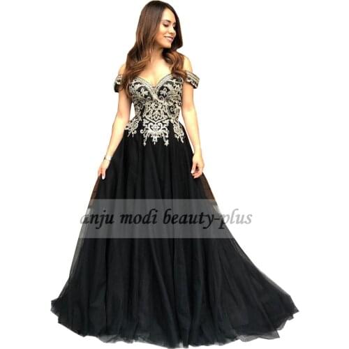 Black Off Shoulder Appliques Prom Dresses Long Formal Evening Party Ball Gowns Zipper Back Robe De Soiree