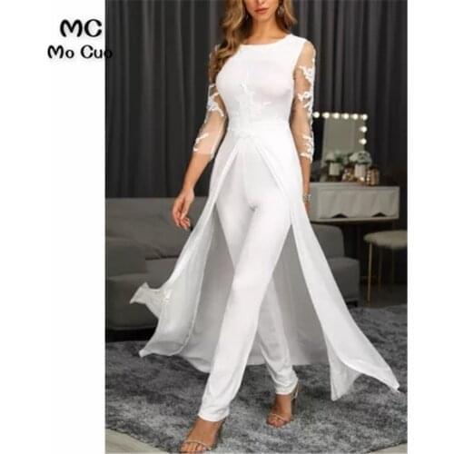 Elegant Sheer Lace White Jumpsuits Evening Prom Dresses 3/4 Sleeves Womens Prom Gown Elastic Satin Evening Dress Plus Size