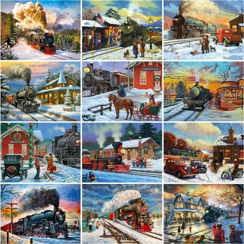 Evershine 5D DIY Diamond Embroidery Train Cross Stitch Kit Diamond Painting Winter Landscape Mosaic Art Wall Decoration