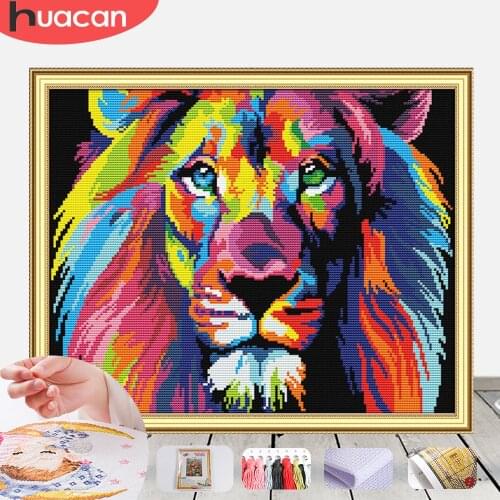HUACAN Coloured Lion Cross Stitch Kit White Canvas Stitches Embroidery DIY Handmade 14CT