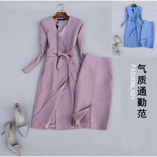 Spring Set womens fashion womens autumn new slim long-sleeved long suit windbreaker + high waist skirt temperament two-piece
