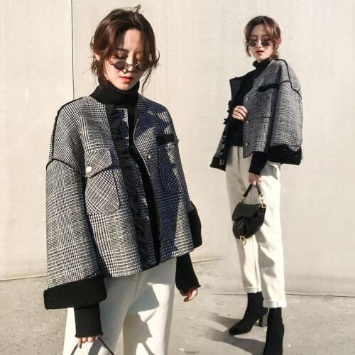 Autumn Winter Korea Fashion Women Loose Short Jacket Thicken Plaid Woolen Coats Double Pocket Cardigan Vintage