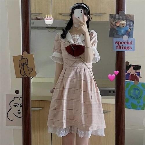 OLOMLB Japanese Summer Soft Girl Dress Sweet Lace Sailor Collar Bow Kawaii Ruffles Short Sleeve Dress Vintage Pink Plaid Dress