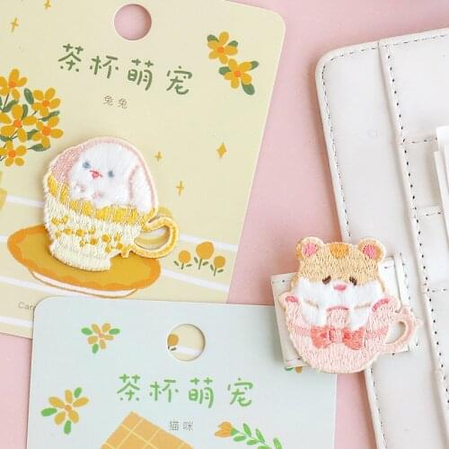 AHYONNIEX Cute Cup Cat Embroidery Patches for Bag Jeans Dog Teddy Rabbit Hamster Iron On Patches for Clothes Small DIY Patches