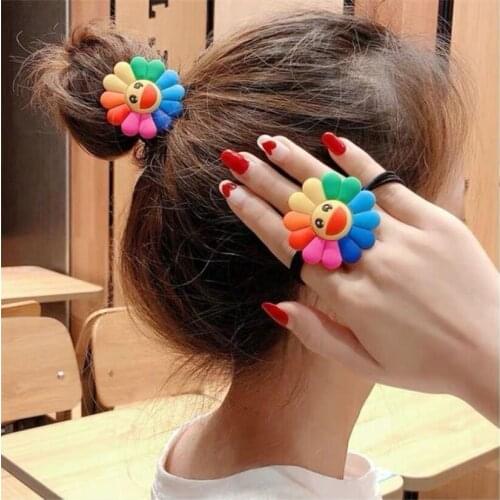 Fashion Women Girls Rainbow Sunflower Elastic Hair Band Ponytail Holder Headbands Scrunchie Rubber Bands Hair Accessories Gift