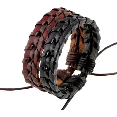 2016 Punk Design Fashion Vintage Alloy Black Brown Genuine Women Leather Weave Bracelets Bangles Men Jewelry Accessories