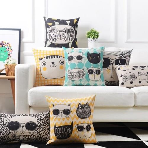 Cartoon Animals Cat Pillow Cushion Cover Geometric Cats Pillow Case Home Decorative Thick Linen Pillowcase Sofa