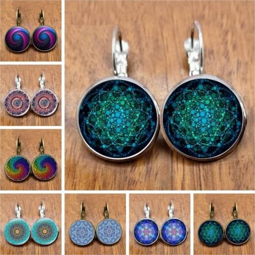 Charm Mandala Earrings Glass Earrings Copper Color, OM Symbol Buddhist Zen Henna Yoga Earrings Womens Jewelry