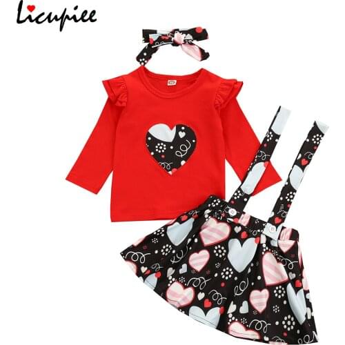 Girls Three Piece Set Childrens Long Flying Sleeve Heart Printed Shirt Straps Skirt Hair Band Baby Red 1-5 Years