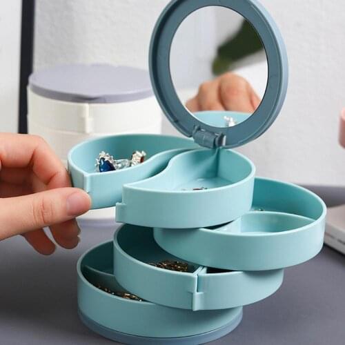 4-layer Rotating Jewelry Box With Makeup Mirror 2 Grid Splicing Storage Case Jewelry Earrings Ring Necklace Storage Box