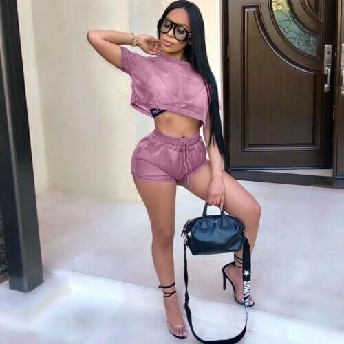 Sexy Women 2 Piece Hollow Bright Color Reflective Mesh Crop Top Shorts Set Jumpsuit Romper Short Sleeve Clubwear