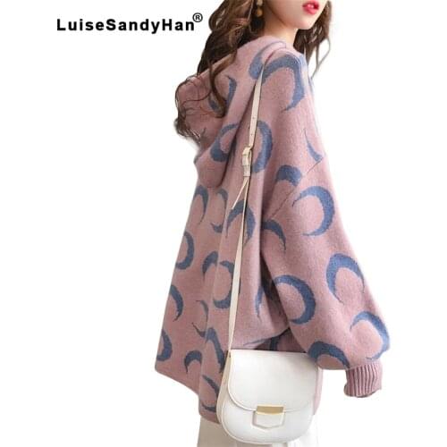 2021 womens sweater new autumn and winter solid color long-sleeved hooded collar loose knit geometric pattern leisure