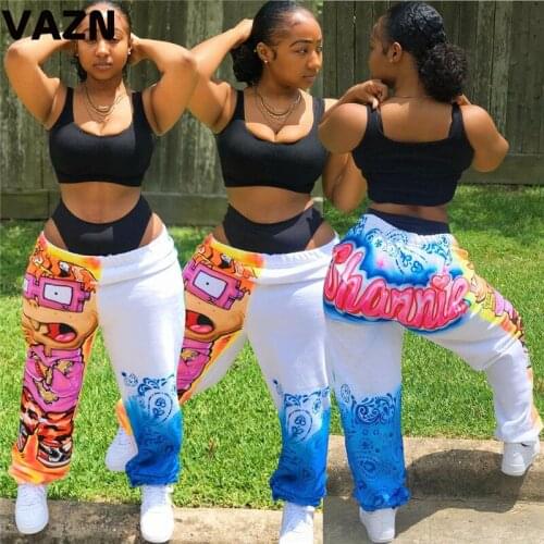 VAZN Autumn summer sexy lady 2020 print fashion longh pants elastic mid waist straight pant young lady streetwear colorful pants