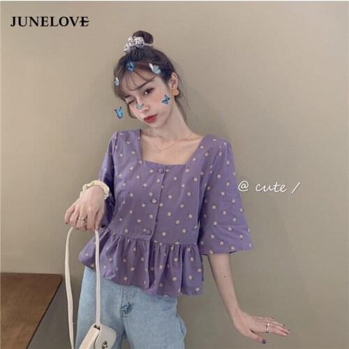 JuneLove Women Summer Half Sleeve Loose Blouse Shirts Vintage Print Female Square Collar Tops Casual Street Lady Boho Shirts
