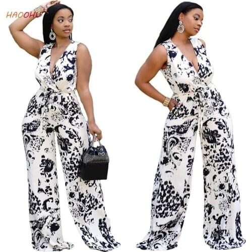 HAOOHU Womens Clothing Summer 2021 New Female Jumpsuit Deep Cross V-Neck Loose Belted Pocket Wide Leg Jumpsuit Elegant Sexy