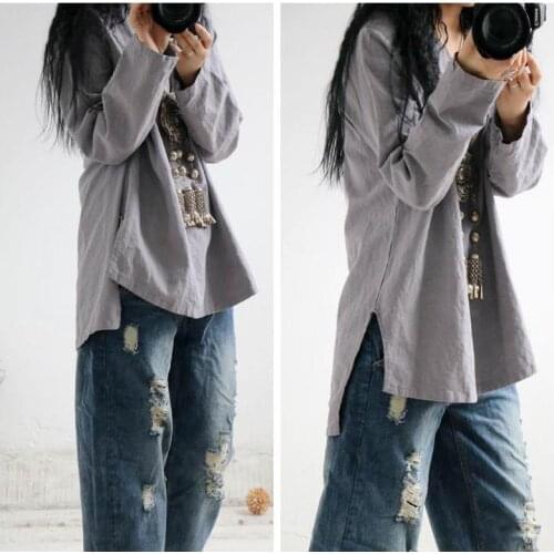 2020 Winter Original Casual T Shirt Women Loose Vintage Style Irregular Hem Cotton Linen V-neck Plus Size Tops Harajuku T-shirt