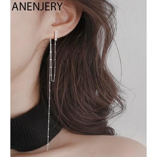 ANENJERY 925 Sterling Silver Exaggerated Long Chain Tassel Asymmetric Earrings for Women Banquet Statement Earrings S-E1321