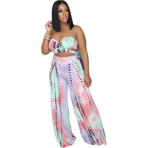 Vintage Casual Beach Two Piece Outfit For Women Sets Clothes Tie Dye Crop Top Tee And High Waist Wide Leg Pants Trousers Whole