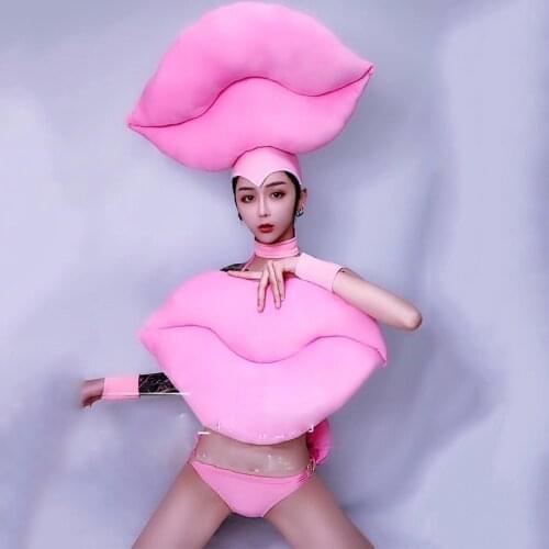 Stage Costume Women Pink Big Lips Bikini Set Nightclub Pole Dance Clothing Rave Outfit Jazz Performance Female Wears DN5626