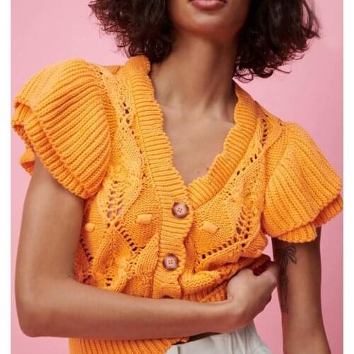 Za Womens Knitted Vest Single Breasted Solid Jumpers Femmel Ruffles Sleeveless Knitting Tops Vintage Cropped V-neck Clothes